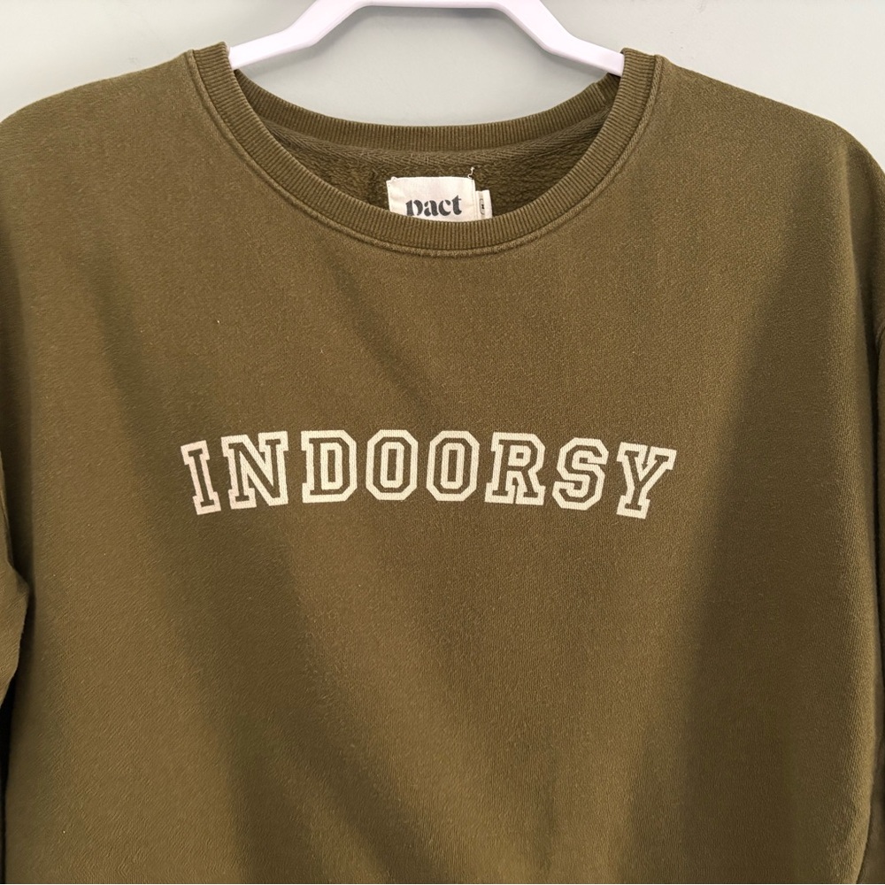 Pact "Indoorsy" Olive Cotton Sweatshirt Size M - Picture 5 of 9